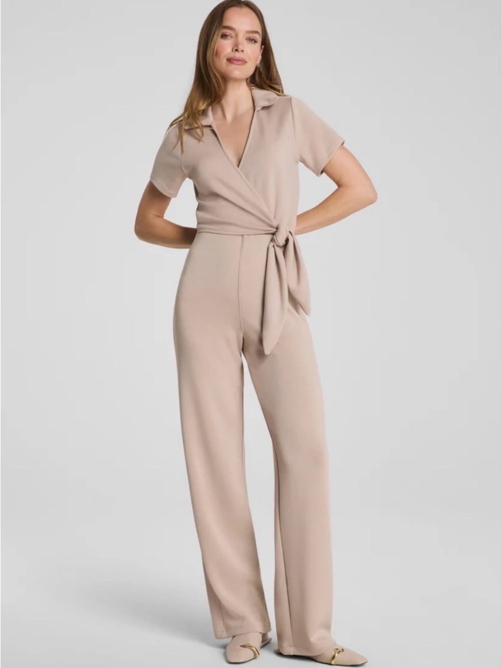 SPANX Tie-Waist Short-Sleeve Jumpsuit in Beige